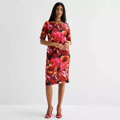 Maya Brooke Womens Short Sleeve Floral Sheath Dress