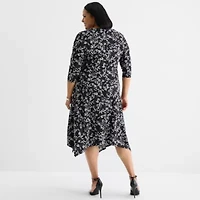 Perceptions Womens 3/4 Sleeve Floral Midi Plus Fit + Flare Dress