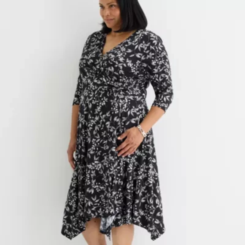 Perceptions Womens 3/4 Sleeve Floral Midi Plus Fit + Flare Dress