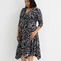 Perceptions Womens 3/4 Sleeve Floral Midi Plus Fit + Flare Dress
