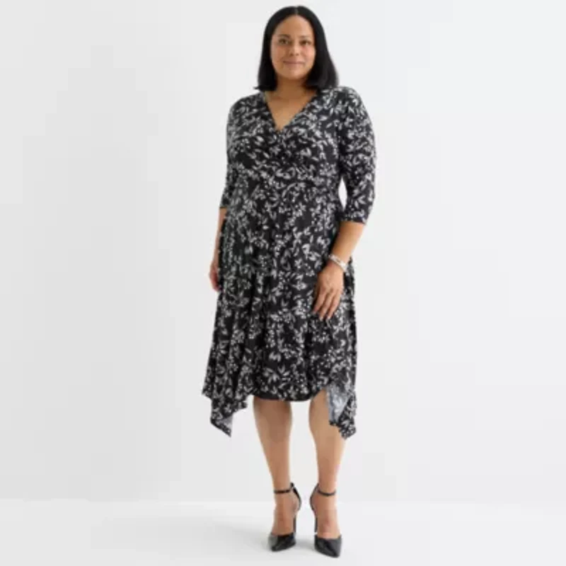 Perceptions Womens 3/4 Sleeve Floral Midi Plus Fit + Flare Dress