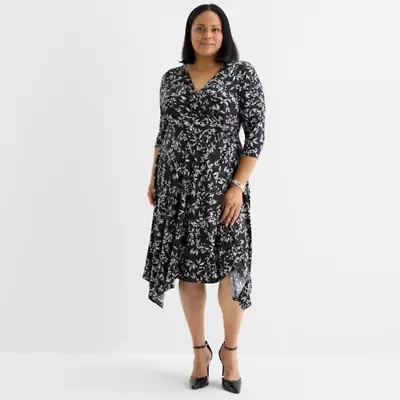 Perceptions Womens 3/4 Sleeve Floral Midi Plus Fit + Flare Dress