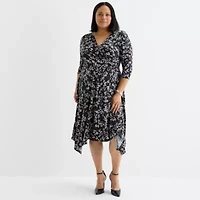 Perceptions Womens 3/4 Sleeve Floral Midi Plus Fit + Flare Dress