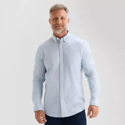 St. John's Bay Washed Oxford Mens Long Sleeve Classic Fit Stretch Fabric Button-Down Shirt