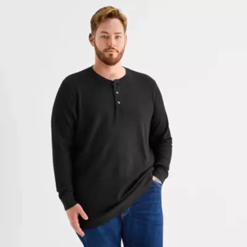 St. John's Bay Waffle Mens Henley Neck Long Sleeve Classic Fit Big and Tall Thermal Top