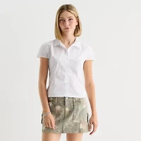 Forever 21 Womens Juniors Cap Short Sleeve Relaxed Fit Poplin Button-Down Shirt