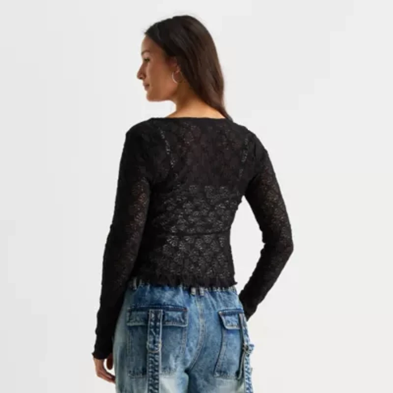 Forever 21 Womens Split Tie Neck Long Sleeve Juniors Wrap Shirt