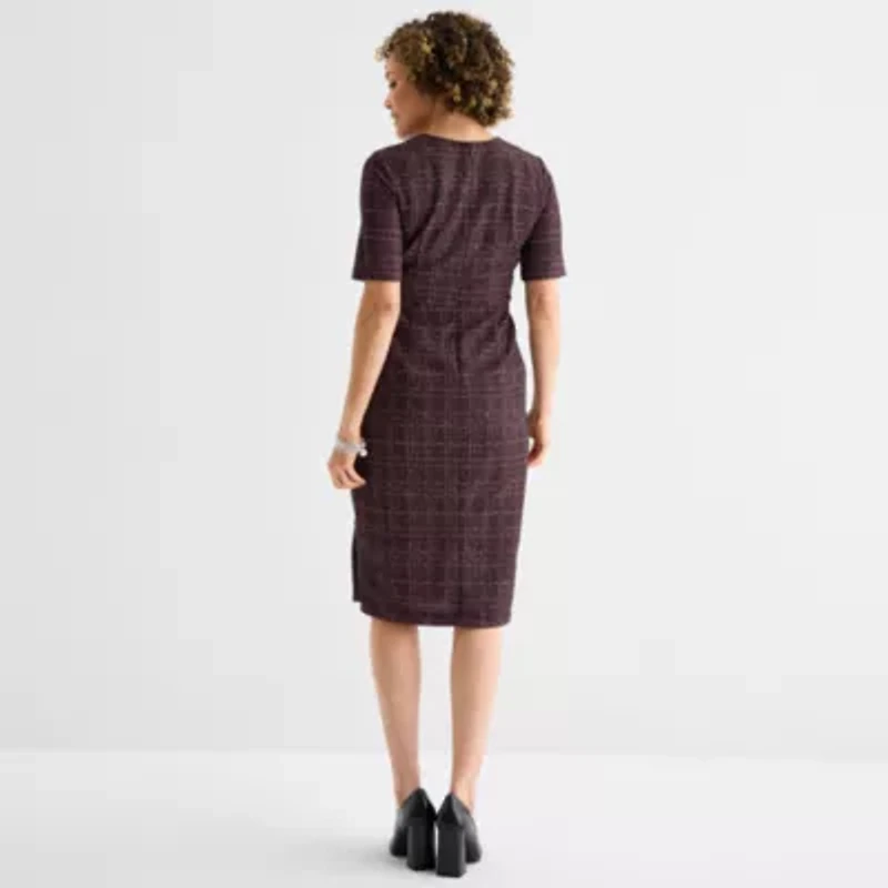 Liz Claiborne Womens Short Sleeve Midi Plaid Sheath Dress