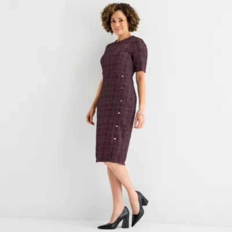 Liz Claiborne Womens Short Sleeve Midi Plaid Sheath Dress