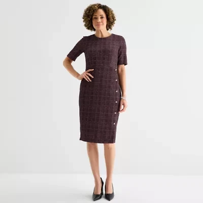 Liz Claiborne Womens Short Sleeve Midi Plaid Sheath Dress