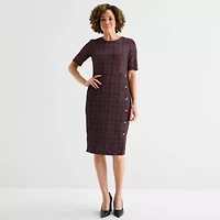 Liz Claiborne Womens Short Sleeve Midi Plaid Sheath Dress