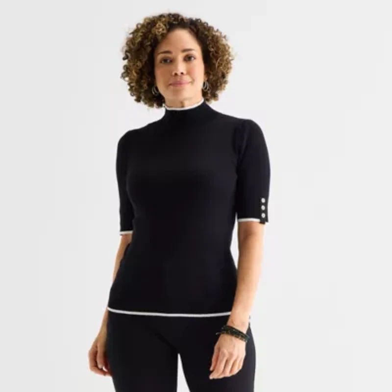 Liz Claiborne Womens Mock Neck Short Sleeve Pullover Sweater