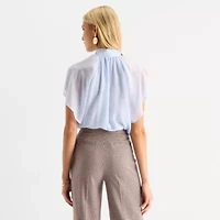 Worthington Womens Mock Neck Short Sleeve Blouse