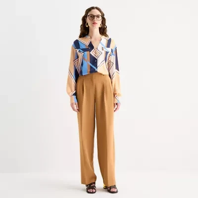 Worthington Womens Y Neck Long Sleeve Satin Blouse