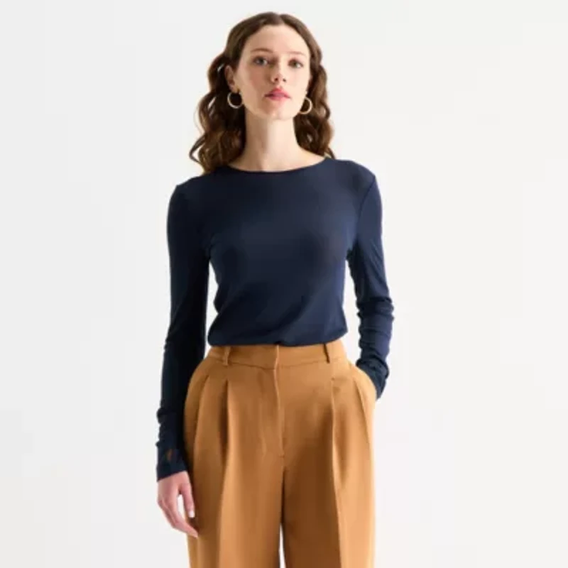 Worthington Womens Crew Neck Long Sleeve Blouse