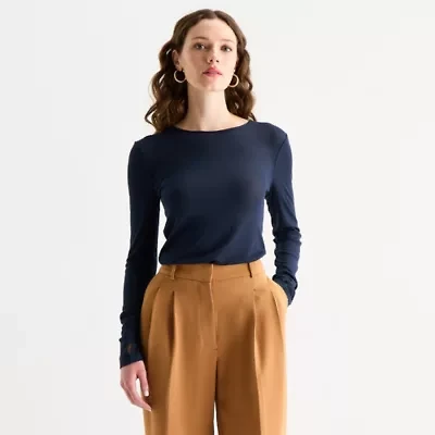 Worthington Womens Crew Neck Long Sleeve Blouse