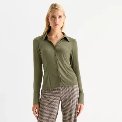 Worthington Womens Fitted Sleeve Long Regular Fit Button-Down Shirt
