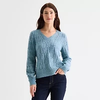 St. John's Bay Womens V Neck Long Sleeve Pullover Sweater