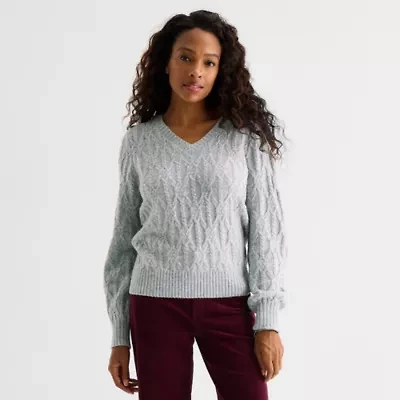 St. John's Bay Womens V Neck Long Sleeve Pullover Sweater