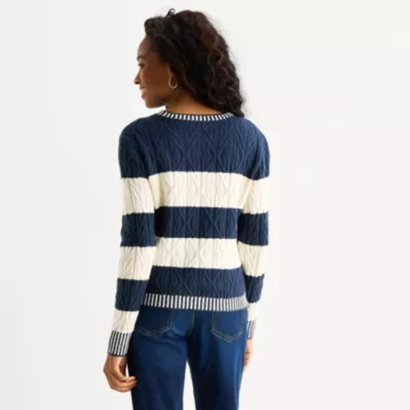 St. John's Bay Womens Crew Neck Long Sleeve Striped Pullover Sweater