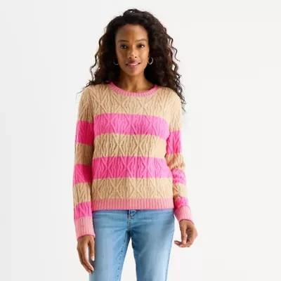 St. John's Bay Womens Crew Neck Long Sleeve Striped Pullover Sweater