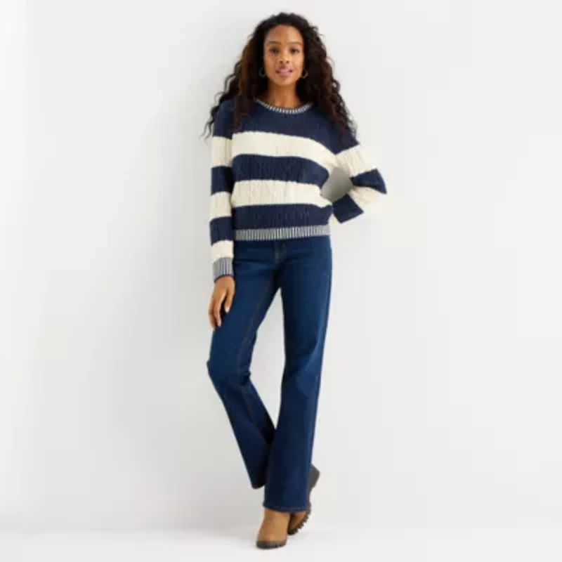 St. John's Bay Womens Crew Neck Long Sleeve Striped Pullover Sweater