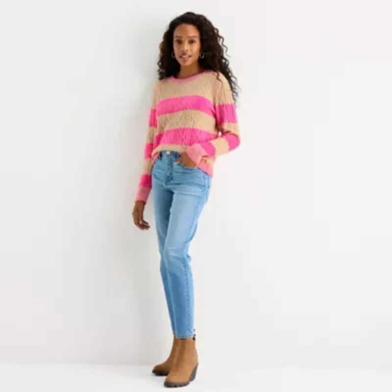 St. John's Bay Womens Crew Neck Long Sleeve Striped Pullover Sweater