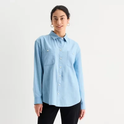 St. John's Bay Womens Long Sleeve Regular Fit Button-Down Shirt