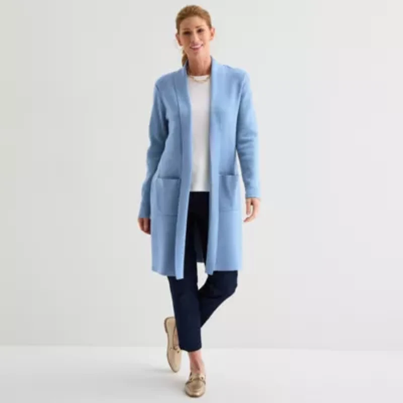 Liz Claiborne Womens Long Sleeve Open Front Plaid Cardigan