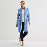 Liz Claiborne Womens Long Sleeve Open Front Plaid Cardigan