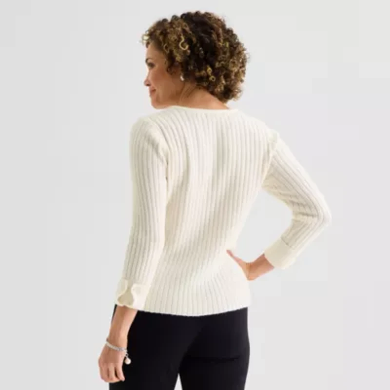 Liz Claiborne Womens Split Crew Neck Short Sleeve Pullover Sweater