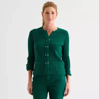 Liz Claiborne Womens Split Crew Neck Short Sleeve Pullover Sweater