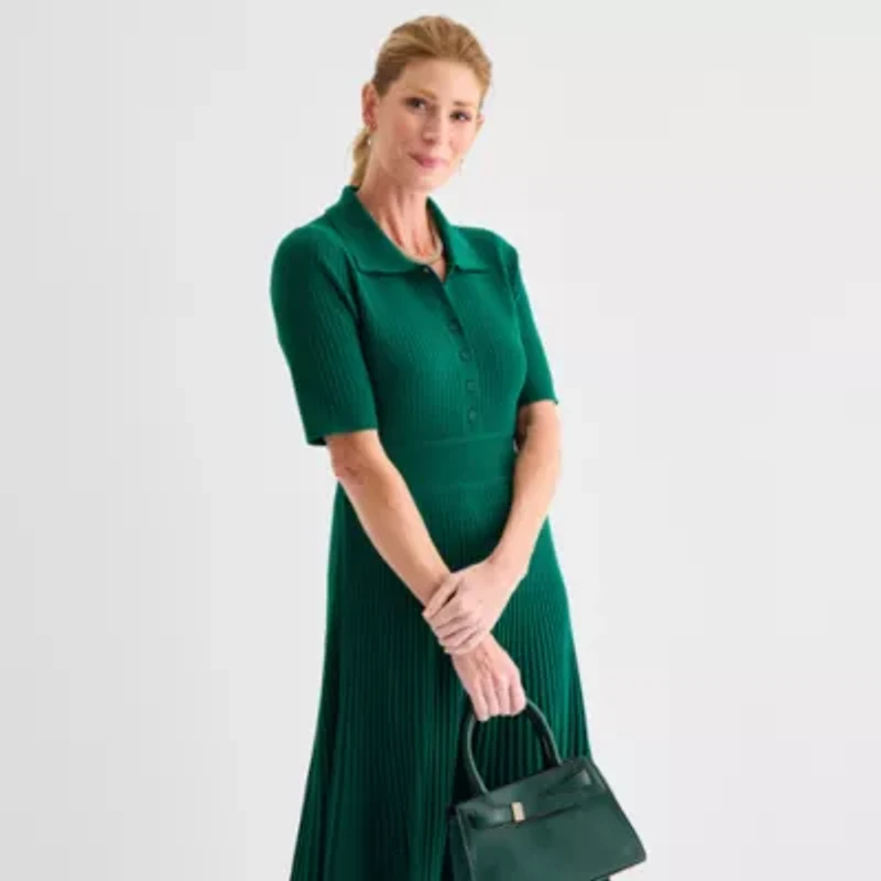 Liz Claiborne Womens Short Sleeve Midi Sweater Dress