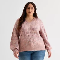 St. John's Bay Plus Womens V Neck Long Sleeve Pullover Sweater