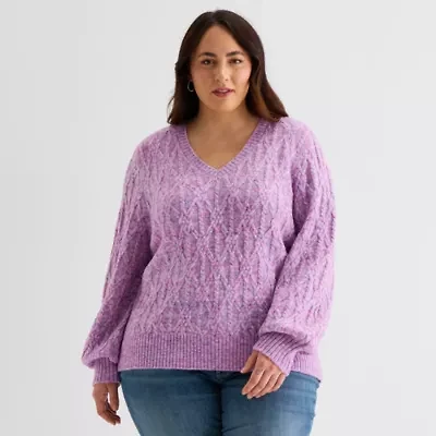 St. John's Bay Plus Womens V Neck Long Sleeve Pullover Sweater
