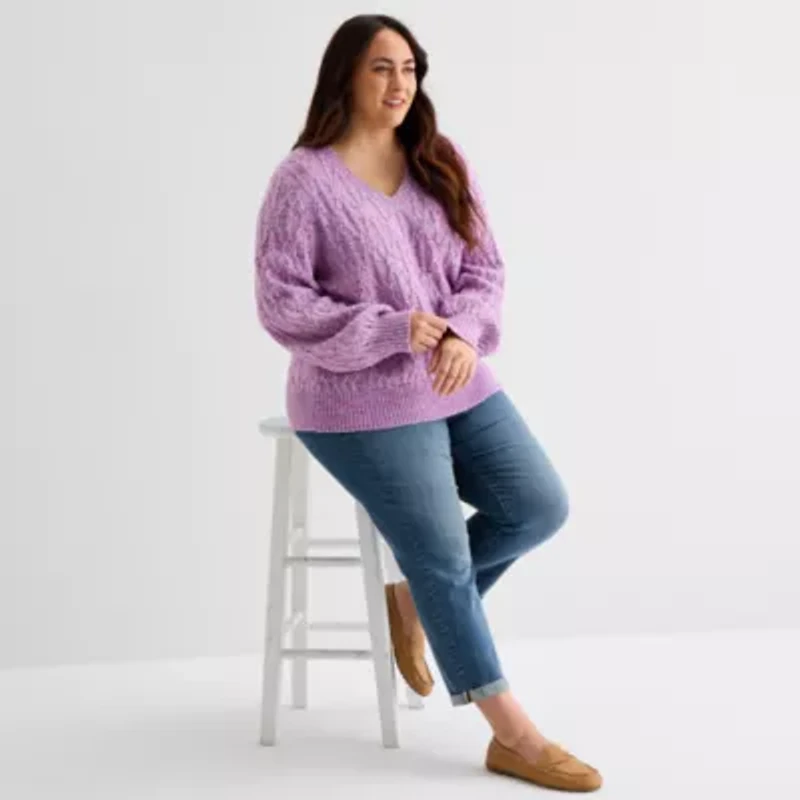 St. John's Bay Plus Womens V Neck Long Sleeve Pullover Sweater