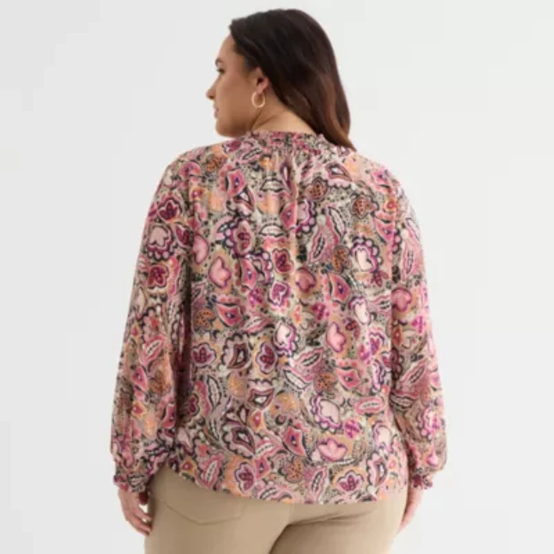 St. John's Bay Womens V Neck Long Sleeve Plus Blouse
