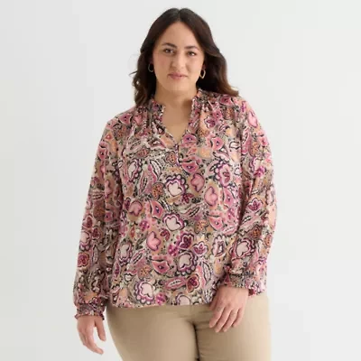 St. John's Bay Womens V Neck Long Sleeve Plus Blouse