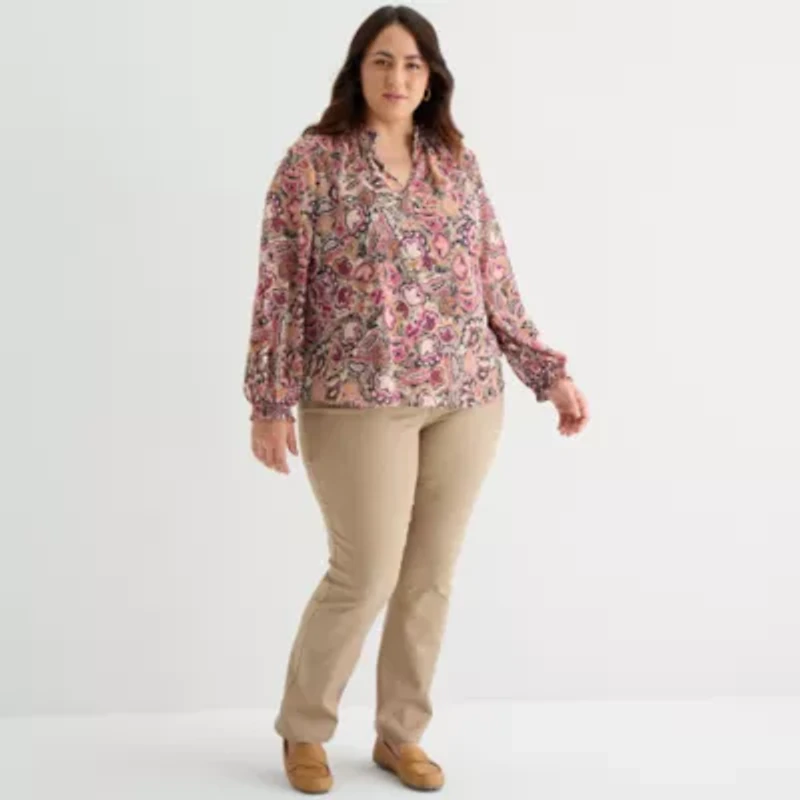 St. John's Bay Womens V Neck Long Sleeve Plus Blouse