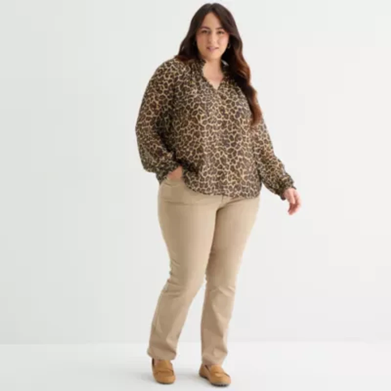 St. John's Bay Womens Plus V Neck Long Sleeve Blouse