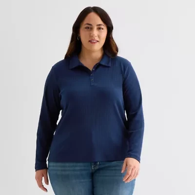St. John's Bay Plus Womens Long Sleeve Rib Polo Shirt