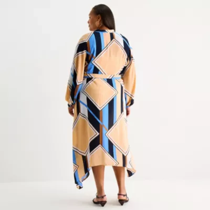 Worthington Womens Long Sleeve Geometric Plus Shirt Dress