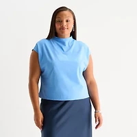 Worthington Womens Mock Neck Short Sleeve Plus Blouse