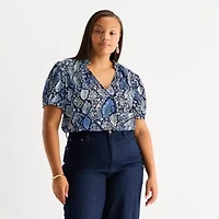 Worthington Womens V Neck Short Sleeve Plus Blouse