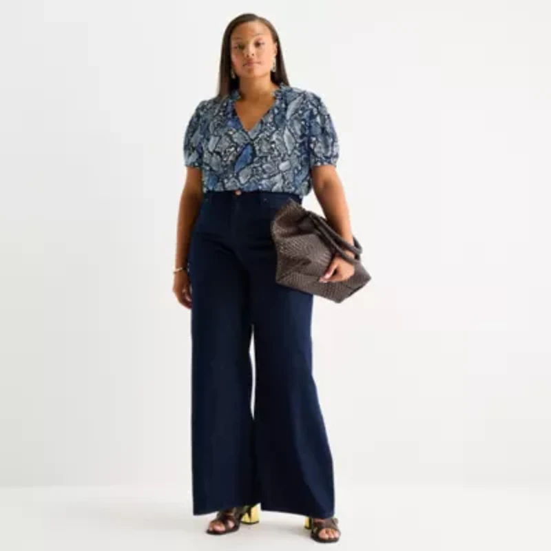 Worthington Womens V Neck Short Sleeve Plus Blouse