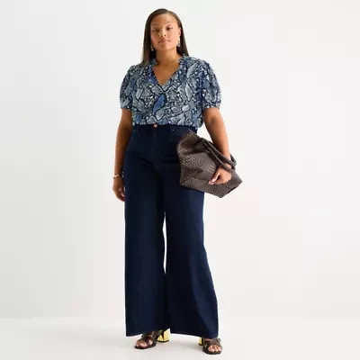 Worthington Womens V Neck Short Sleeve Plus Blouse