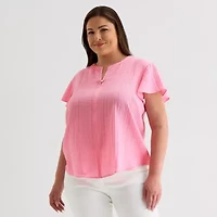 Liz Claiborne Womens Split Crew Neck Short Sleeve Plus Blouse