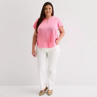 Liz Claiborne Womens Split Crew Neck Short Sleeve Plus Blouse