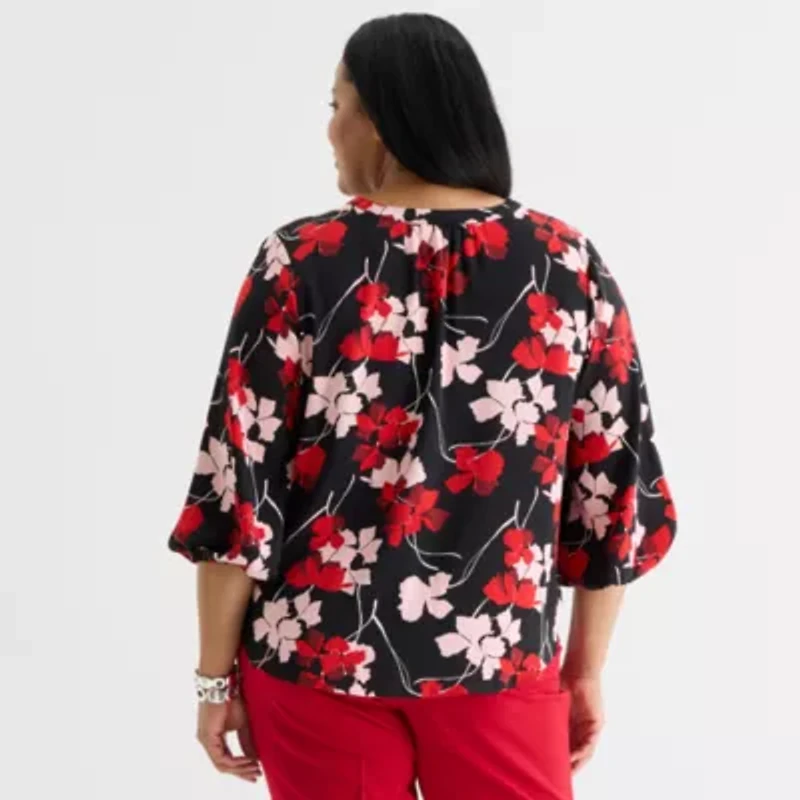 Liz Claiborne Womens V Neck 3/4 Sleeve Satin Plus Blouse
