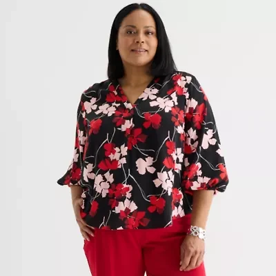 Liz Claiborne Womens V Neck 3/4 Sleeve Satin Plus Blouse